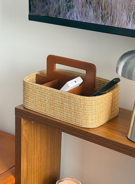 新款复古草编织手提纸巾盒桌面收纳盒客厅卧室轻奢皮革装饰收纳盒