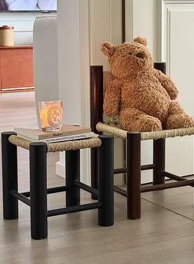 中古风矮凳客厅入户门换鞋凳仿藤编摆件家用复古高颜值实木凳子