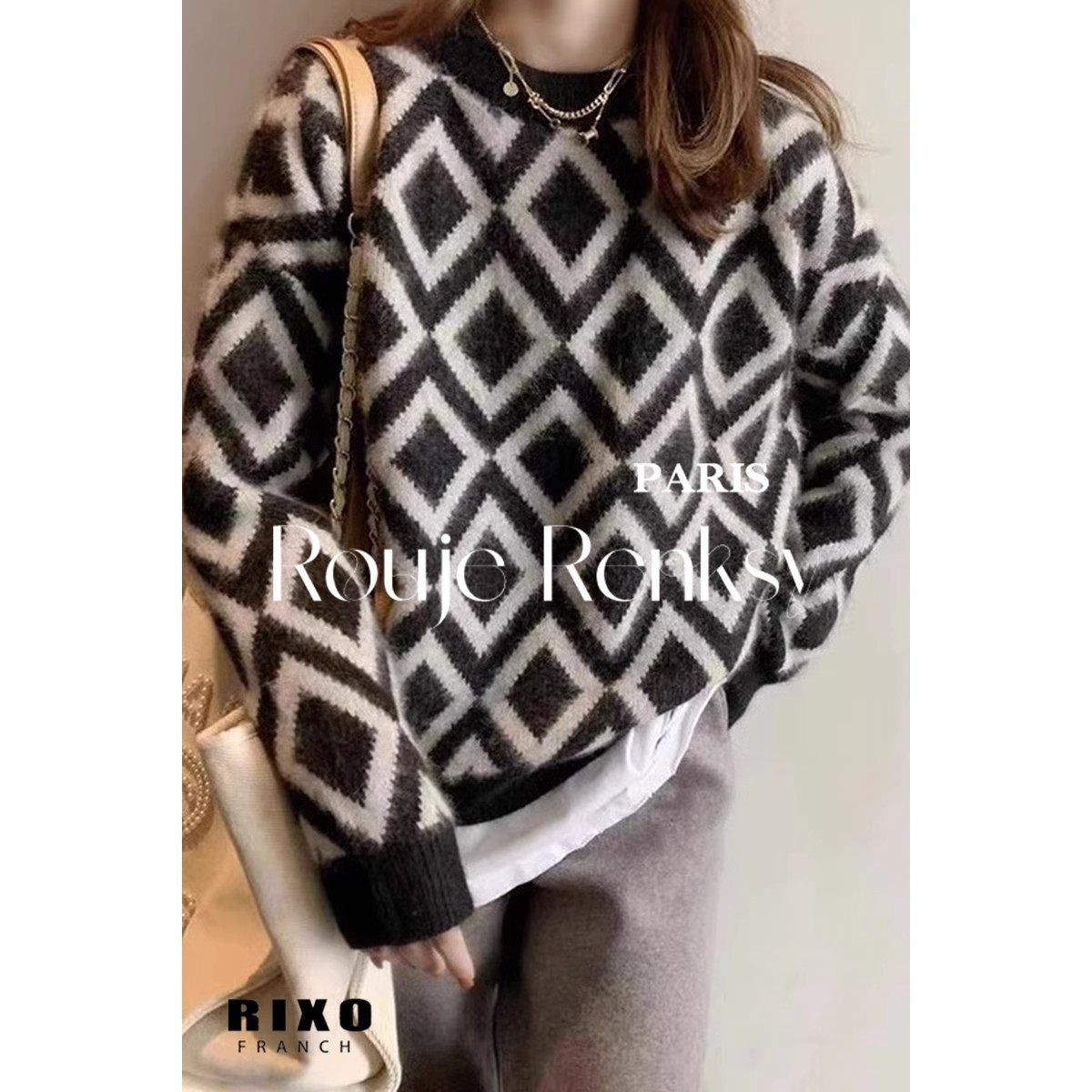 法国Rouje Renksy法式菱格长袖毛衣女秋冬宽松外穿打底针织衫上衣,淘宝优惠券,粉丝福利购,淘宝优惠卷