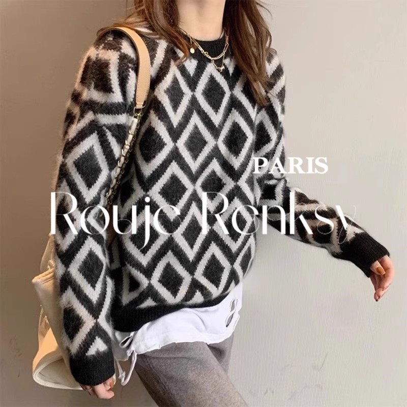 法国Rouje Renksy法式菱格长袖毛衣女秋冬宽松外穿打底针织衫上衣,淘宝优惠券,粉丝福利购,淘宝优惠卷