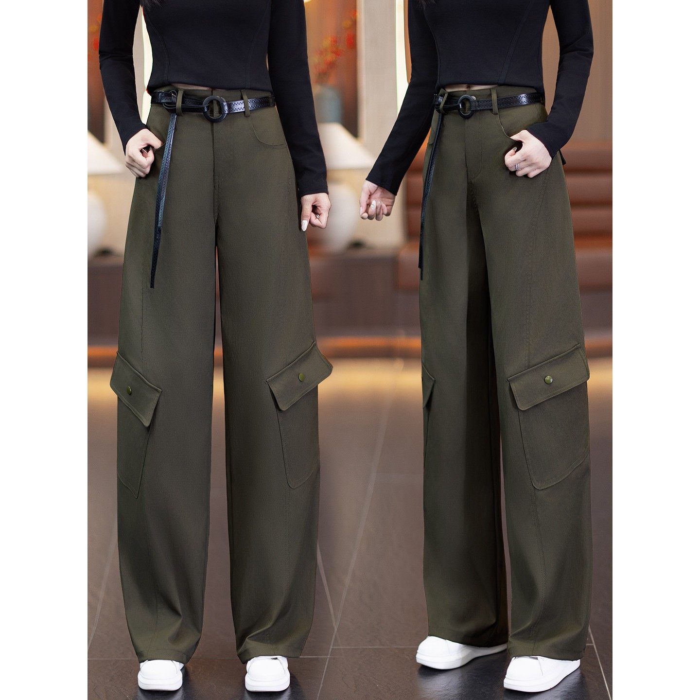 藏青色秋季弯刀工装裤子女款2025新款秋冬高腰显瘦女士运动阔腿裤,淘宝优惠券,粉丝福利购,淘宝优惠卷