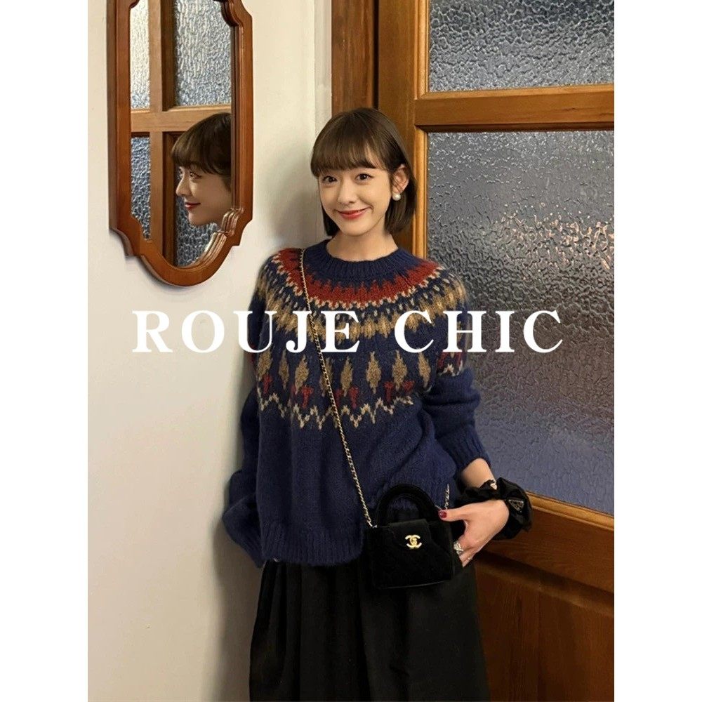 法国rouje chic费尔岛藏青色马海毛毛衣女秋冬圣诞节氛围感针织衫,淘宝优惠券,粉丝福利购,淘宝优惠卷