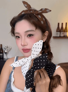 复古蝴蝶结波点宽边飘带发箍女小耳朵丝带编发头箍气质百搭发饰