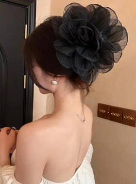 法式香槟色褶皱网纱花朵抓夹女