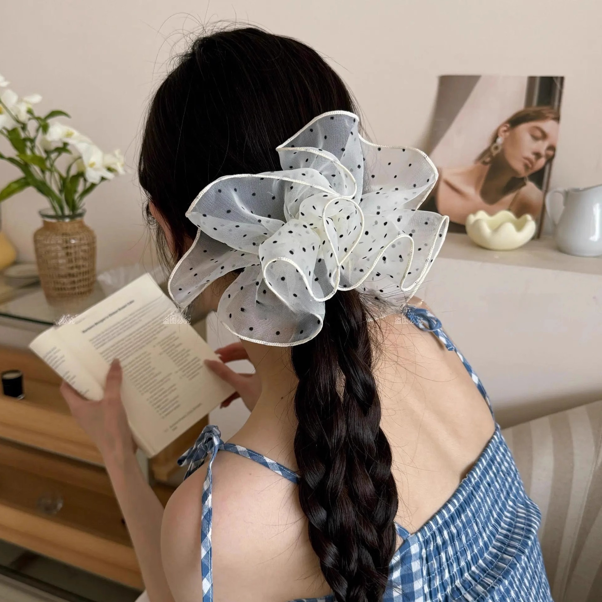 韩系波点网纱裙摆发圈夏季2025新款超仙扎丸子头马尾头花发绳发饰 - 图3