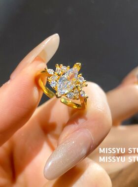 满钻戒vintage花朵森系中古小众高级感戒指复古豹子锆石手饰食指
