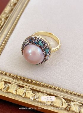 高级感中古vintage镶钻真金几何女指环电镀复古戒指手饰珍珠小众