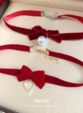 饰品蝴蝶结秋冬复古百搭气质项链绒布新年毛衣链choker红色女颈带