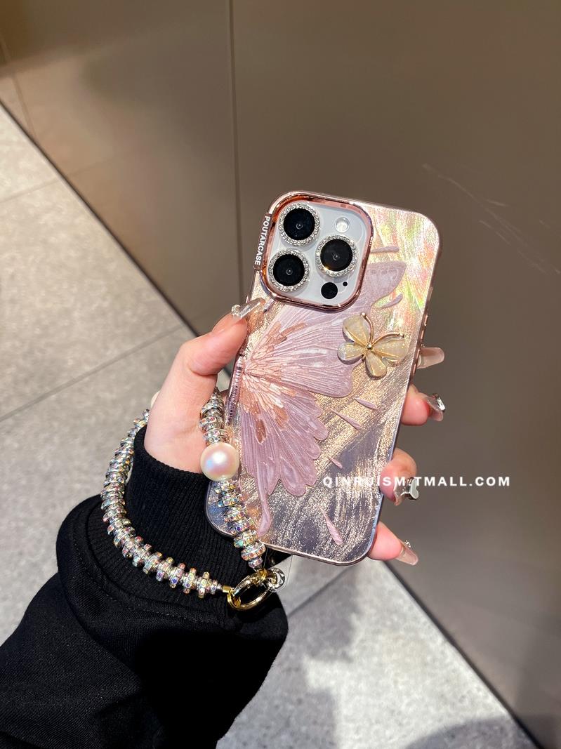 高级感电镀粉色蝴蝶适用iPhone15promax手机壳苹果14pro新款12奢华羽纱11小众13pro女14创意防摔15全包手机套