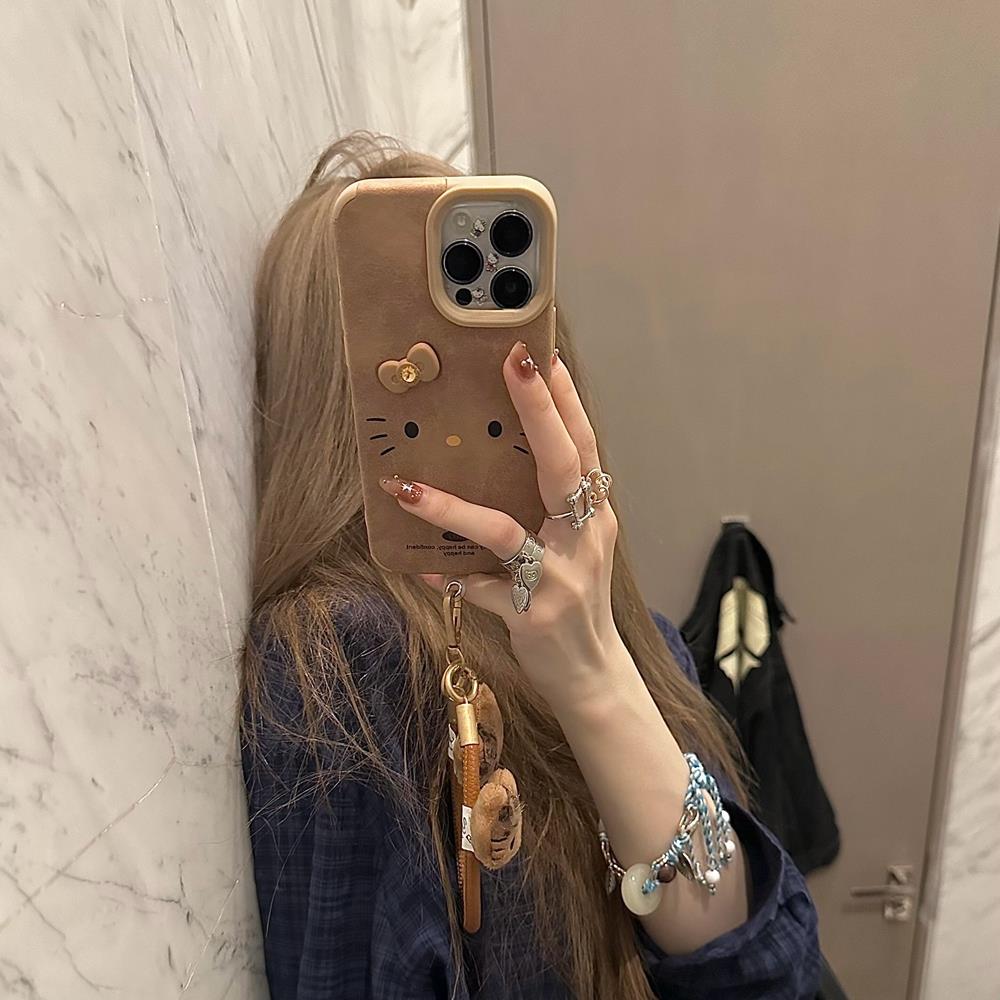 棕色皮革可爱大脸kitty猫立体蝴蝶结适用iphone16promax苹果14手机壳15新款15pro少女16秋冬季13pm硅胶防摔套