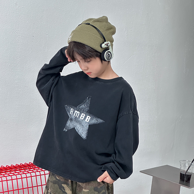 Yumi妈男童秋装复古砂洗棉宽松T恤中大童加厚全棉25F155,淘宝优惠券,粉丝福利购,淘宝优惠卷