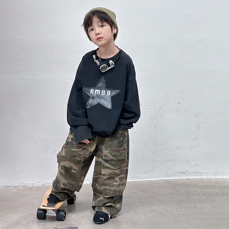 Yumi妈男童秋装复古砂洗棉宽松T恤中大童加厚全棉25F155,淘宝优惠券,粉丝福利购,淘宝优惠卷