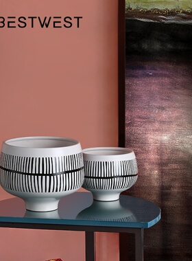 博西家居 中古风简易陶瓷花盆摆件创意样板间客厅插花瓶软装饰品