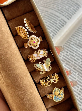 浪漫传说古法金繁花蝴蝶戒指女