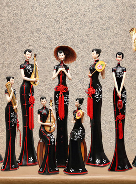 中式古典旗袍仕女摆件客厅电视柜博古架饰品中国风美女人物工艺品