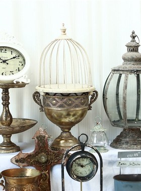 美式欧式家居饰品庭院装饰铁艺仿古做旧摆件烛R台奖杯花盆墙上挂