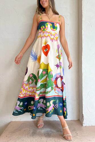 Women's suspender printed sleeveless large swing dress - 图0