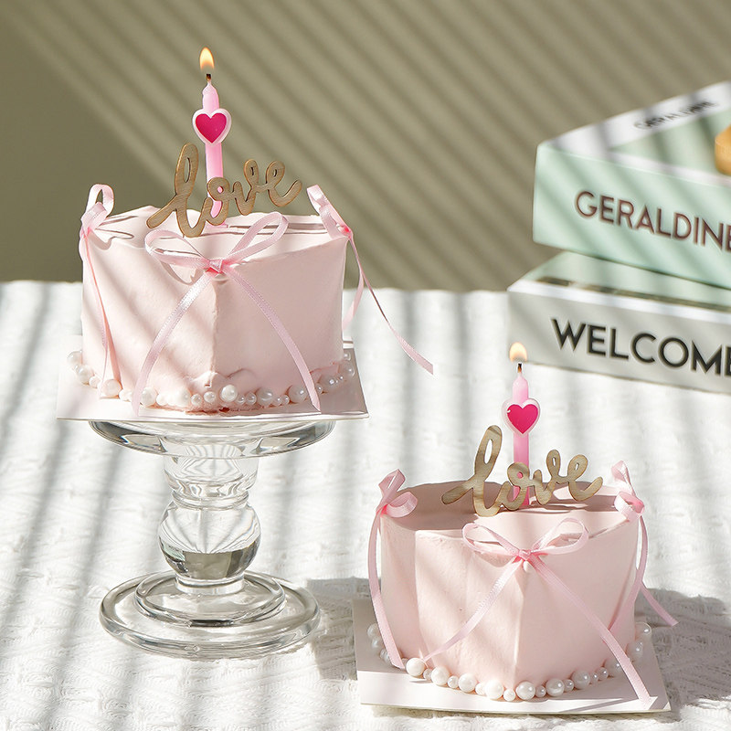 七夕情人节心形小蛋糕装饰ins风蝴蝶结丝带木质love爱心蜡烛插件