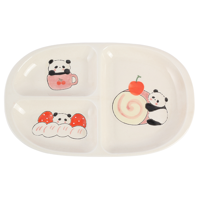 蓝莲花家居熊猫手绘釉下彩分格盘三格211减肥减脂定量陶瓷分餐盘 - 图3