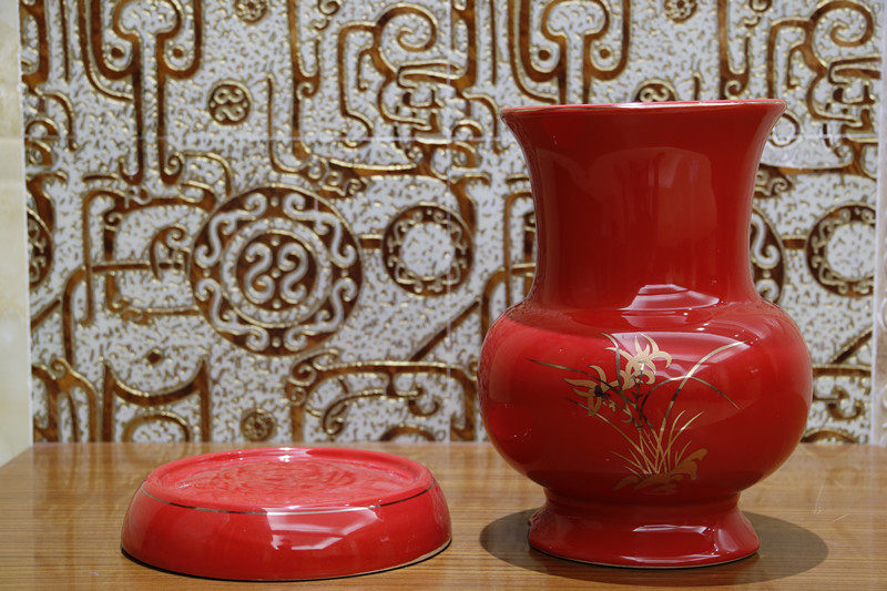 中国红高端喜庆兰花盆家居摆件花瓶描金彩边彩花花瓶包邮,淘宝优惠券,粉丝福利购,淘宝优惠卷