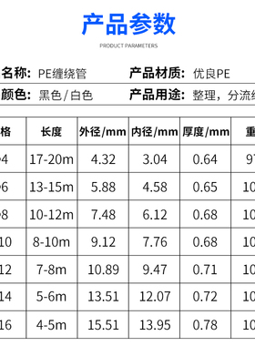 黑缠绕管绕线管束线管理线器集线器4/6/8/10/12/16MM白绝缘包线管