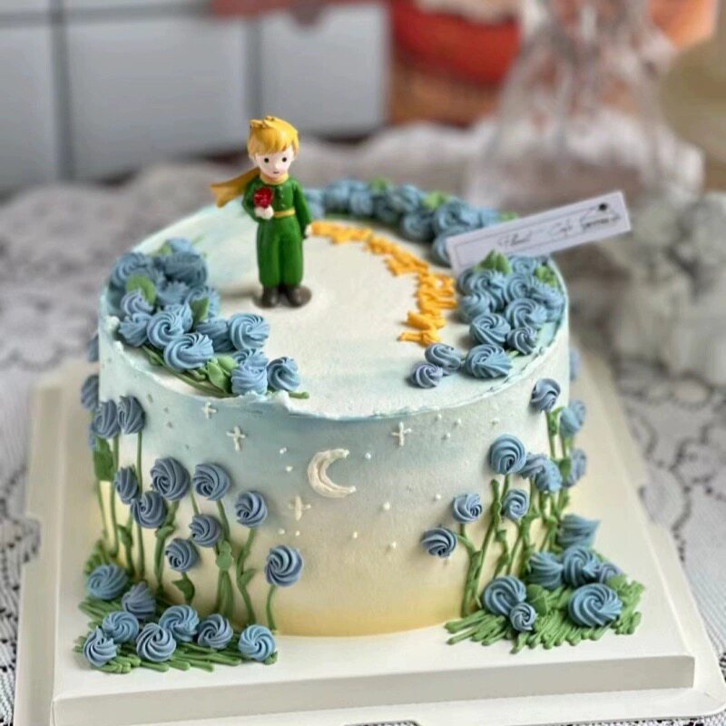 七夕情人节蛋糕装饰拿玫瑰小王子树脂摆件情侣告白表白烘焙装扮