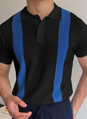 2024欧美男士夏季短袖针织衫白色条纹修身POLO衫潮Men's T-shirt