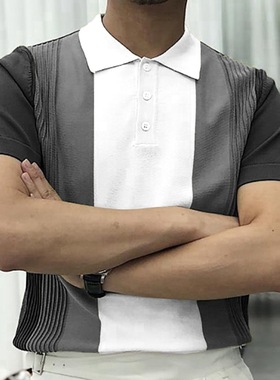 绿色条纹针织衫翻领短袖POLO衫T恤上衣男 Men's POLO T-shirt