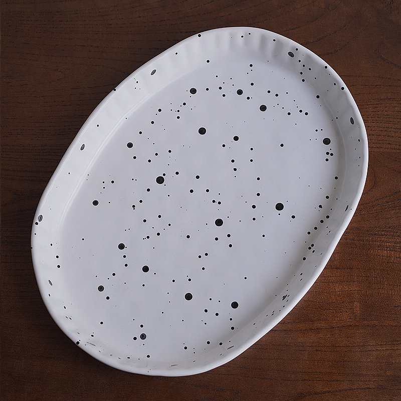 北欧风格简约手绘喷点釉下彩手捏纹条纹陶瓷超大椭圆烤盘深盘鱼盘,淘宝优惠券,粉丝福利购,淘宝优惠卷