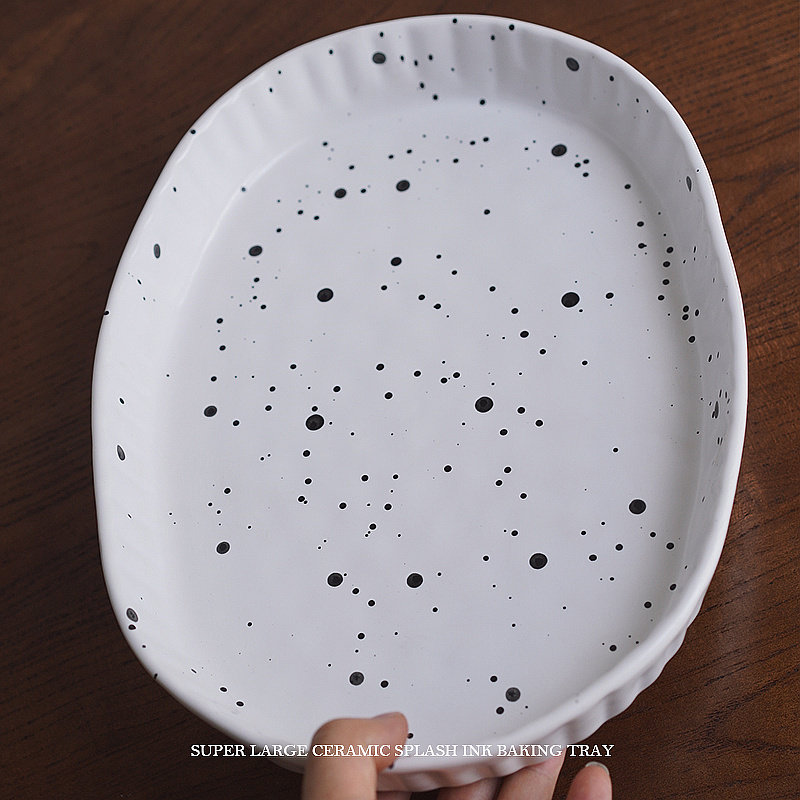 北欧风格简约手绘喷点釉下彩手捏纹条纹陶瓷超大椭圆烤盘深盘鱼盘,淘宝优惠券,粉丝福利购,淘宝优惠卷