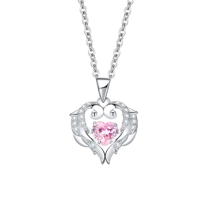 守护之翼灵动项链S925纯银粉钻吊坠天使翅膀爱心锁骨链七夕节礼物