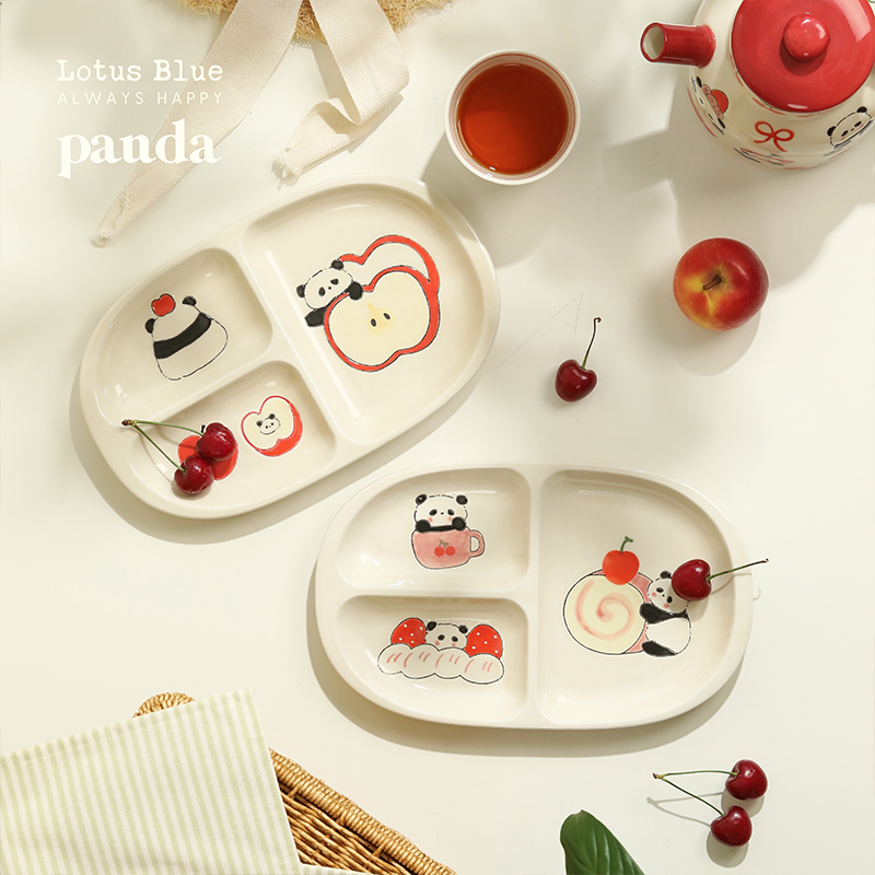 蓝莲花家居熊猫手绘釉下彩分格盘三格211减肥减脂定量陶瓷分餐盘 - 图0
