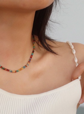镀18K金天然七彩玛瑙石项链女复古夏设计感ins串珠叠戴锁骨链高级