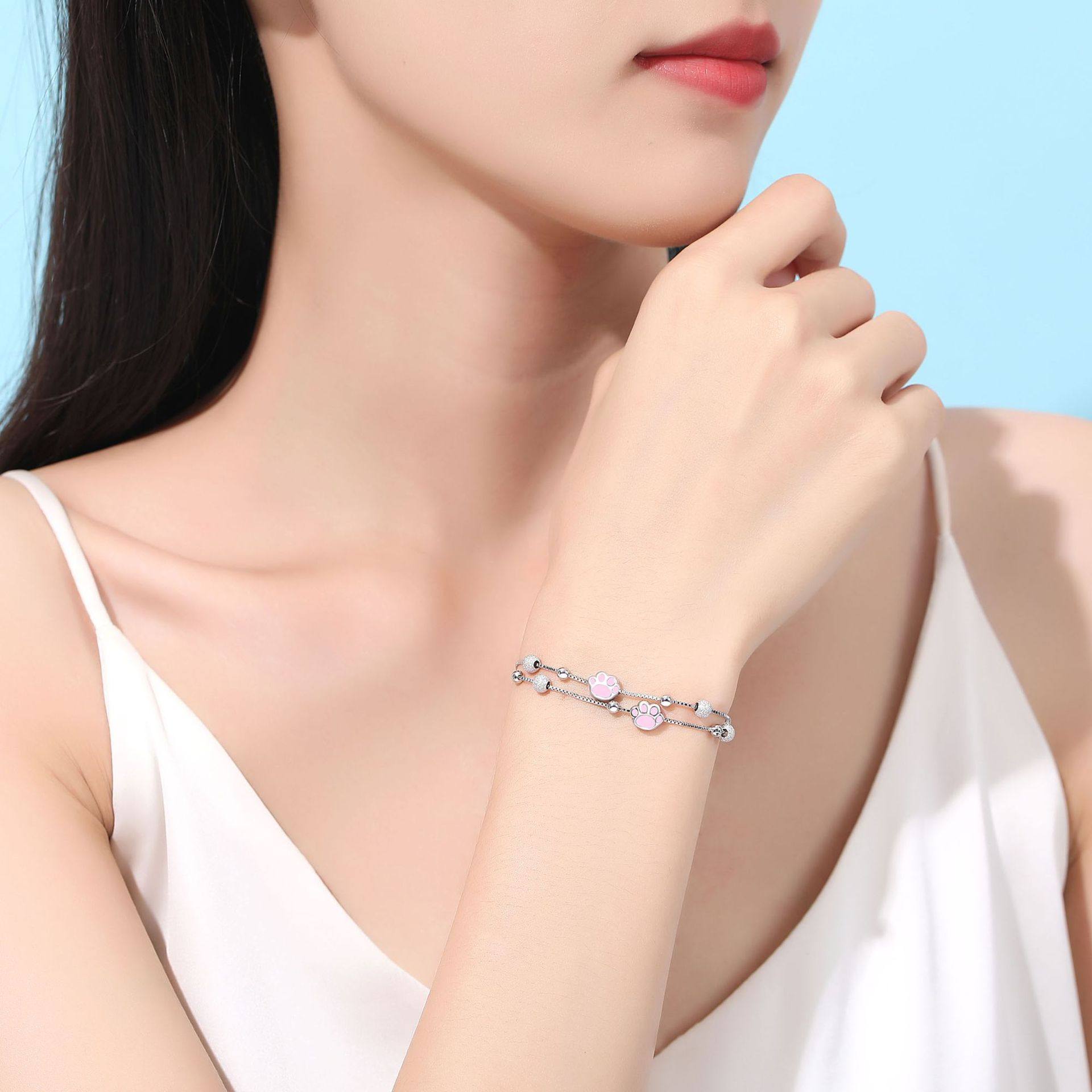 粉色猫爪手链女生925银简约网红小清新日系可爱七夕节礼物首饰