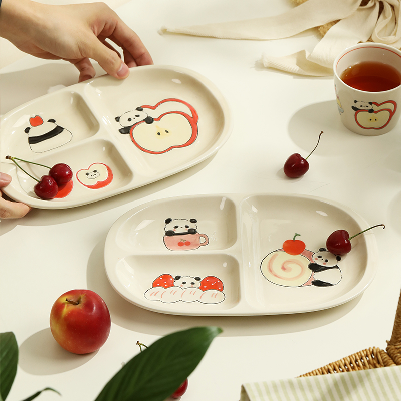 蓝莲花家居熊猫手绘釉下彩分格盘三格211减肥减脂定量陶瓷分餐盘 - 图2