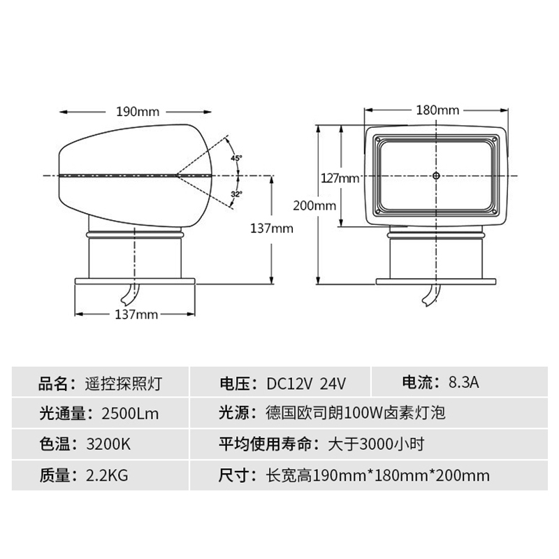 船用遥控探照灯可旋转12V24v氙气卤素游艇快艇路亚艇聚光超亮射灯 - 图1