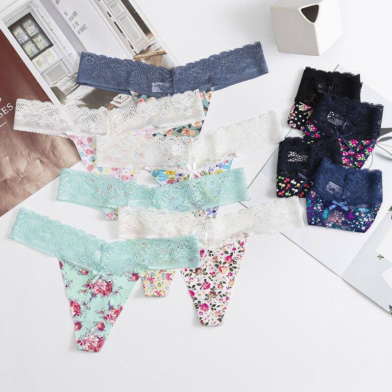 碎花蝴蝶结蕾丝边三角裤透明低腰女士内衣丁字裤印花性感内裤