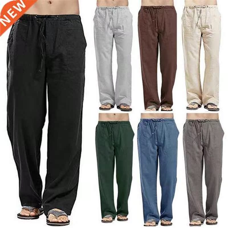 Mens Linen trousers Elastic Waists Loose Pants Fahion C - 图0