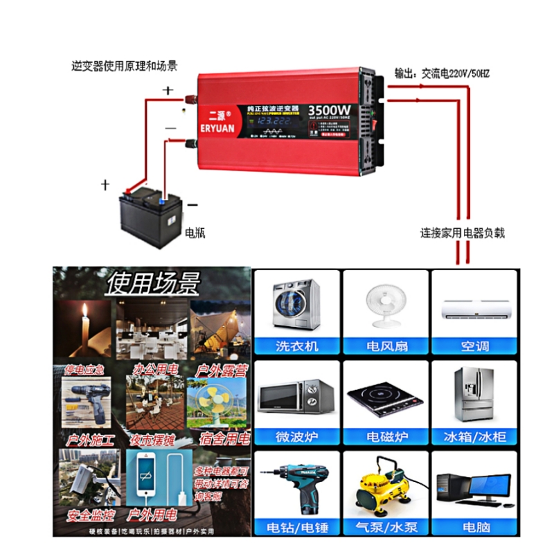 车载逆变器12V24V48V60V72转220V电瓶汽车摆摊露营工业电源转换器