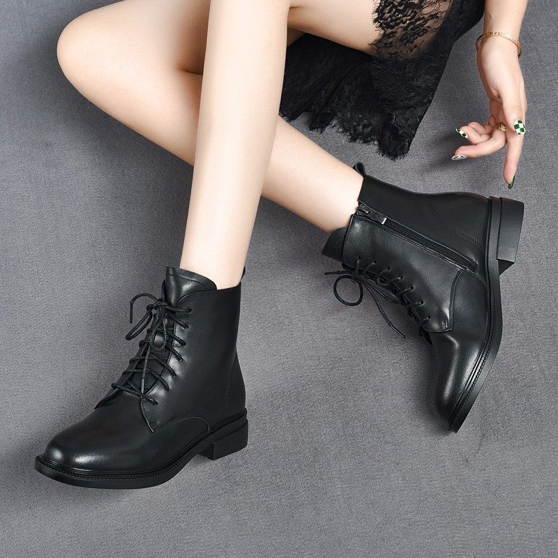 真皮低跟短靴女妈妈冬季新款平底系带羊毛棉皮鞋大码马丁靴41-43,淘宝优惠券,粉丝福利购,淘宝优惠卷