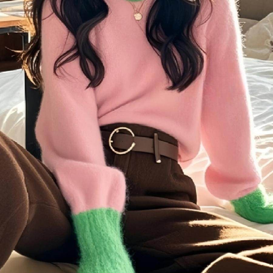 法国Rixo Rane ?粉绿撞色针织超好看打底衫内搭毛衣女秋冬季上衣,淘宝优惠券,粉丝福利购,淘宝优惠卷