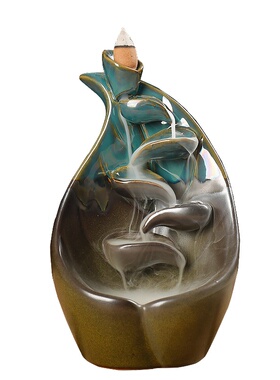 跨境陶瓷倒流香炉荷叶莲花蓝色左右逢源香薰炉工艺品家居摆件