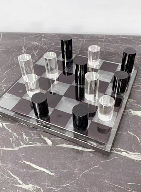 现代水晶玻璃黑白棋子格子棋盘摆件家居客厅玄关电视柜样板间摆饰