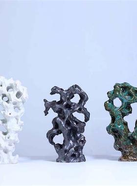 新中式陶瓷太湖石禅意摆件 文房四宝手工假山博古架玄关茶室装饰