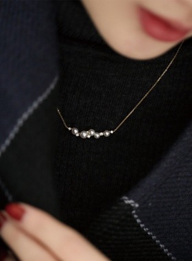 925银镀18K金色贝珠珍珠锆石锁骨项链高级设计感气质时尚百搭