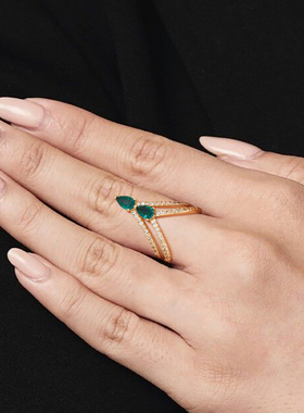 fettero 铜合金戒指 【金色双V双水滴戒指】气质轻奢绿色小众镶嵌