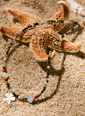 Hihipenny/sicily系列细沙海岸小花天然贝壳颈链条纹玛瑙串珠项链