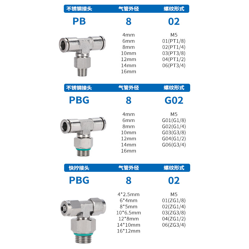 不锈钢快插PB8-02气管接头G牙正螺纹气动接头T型外丝三通带密封圈,淘宝优惠券,粉丝福利购,淘宝优惠卷