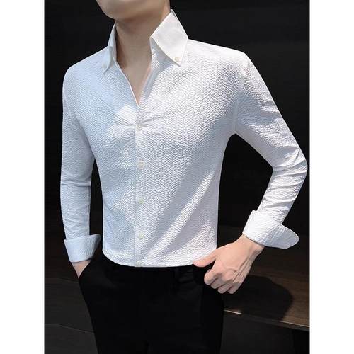 轻奢泡泡纱纯色衬衫男士秋季新款大领商务休闲修身薄款透气高级感 - 图2