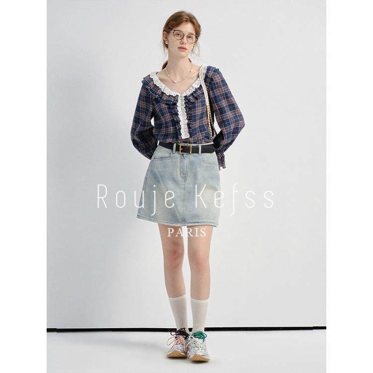 rouje kefss法式格子V领蕾丝花边衬衫女秋季覆古荷叶边灯笼袖上衣,淘宝优惠券,粉丝福利购,淘宝优惠卷